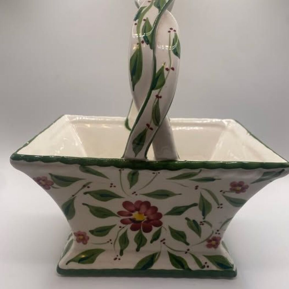 Hand-Painted Ceramic Basket Planter — Portugal, Floral